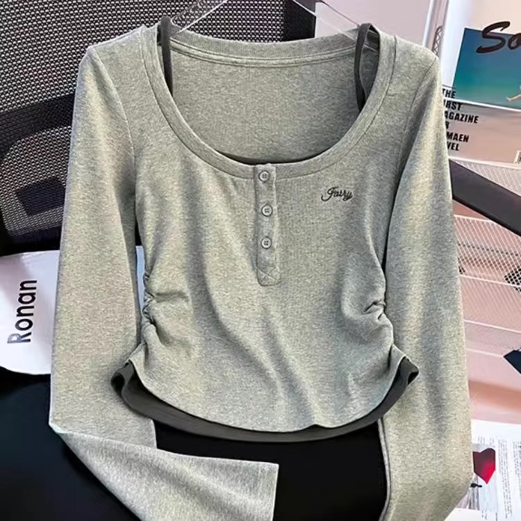 2024 Women's Grey Fake Two Piece Autumn Long Sleeve Top