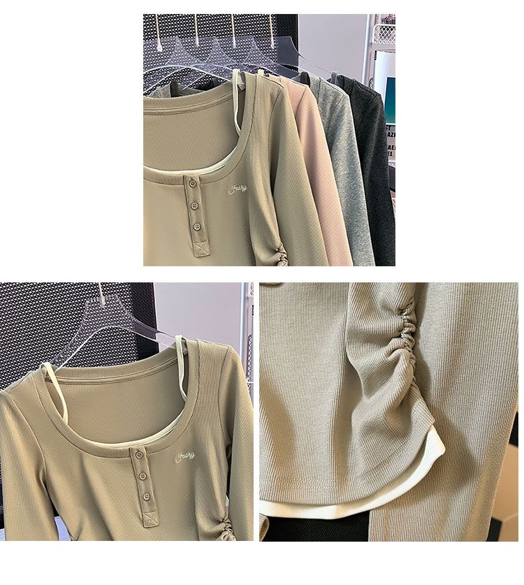 2024 Women's Khaki Colour Fake Two Piece Autumn Long Sleeve Top