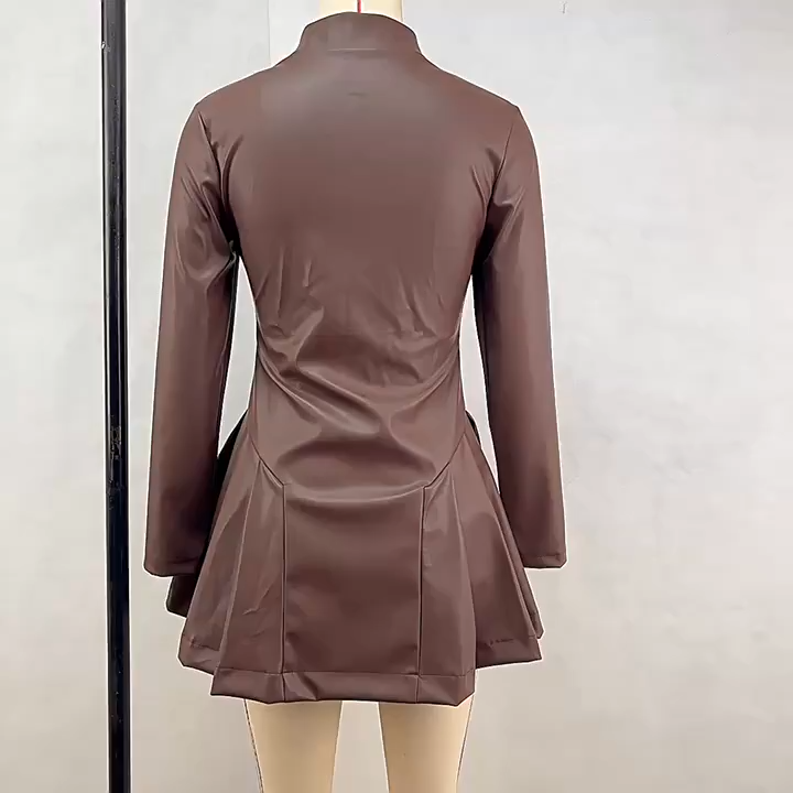 OM-Fashionable Slim-Fit Long-Sleeved Pleated Skirt PU Leather Zipper Dress